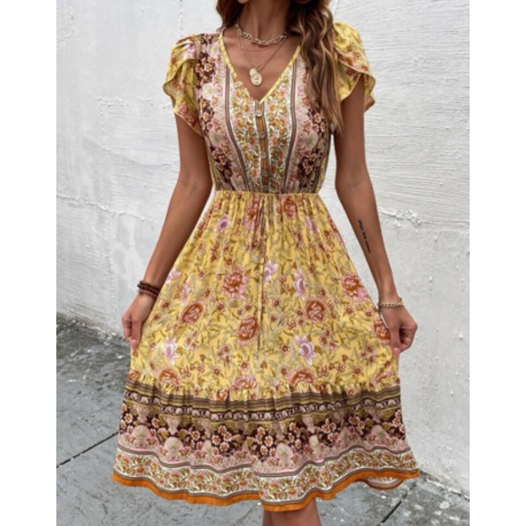 Boho floral print V neck ruffle hem dress - Picture 6 of 7